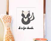 S is for Skunk woodland animal alphabet nursery print portrait illustration gifts under 15 white black gray cream