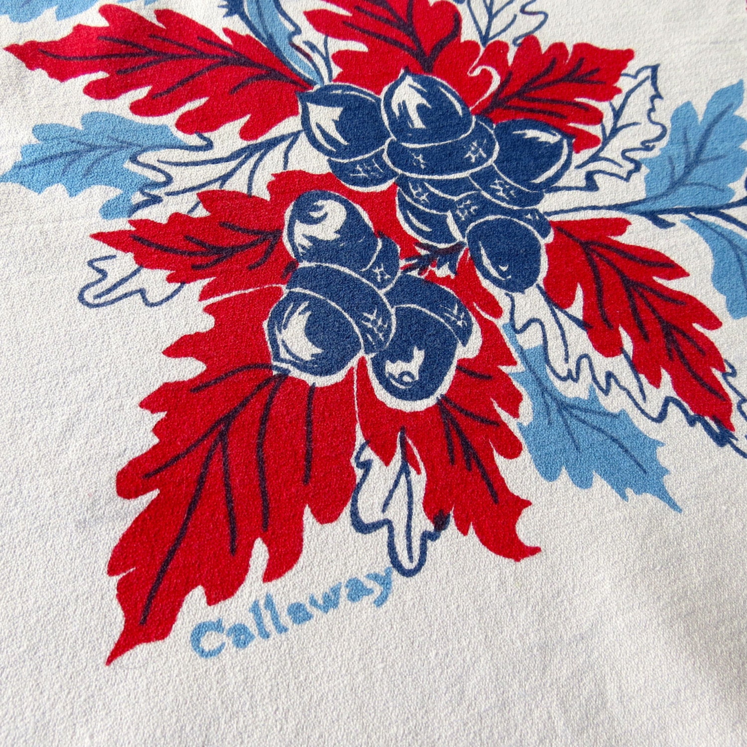 Vintage Linen Tablecloth Callaway Oak Acorn Red Blue White AS IS