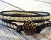 Double Wrap White Howlite Bracelet, Double Leather Wrap, Shabby Chic, Gemstone