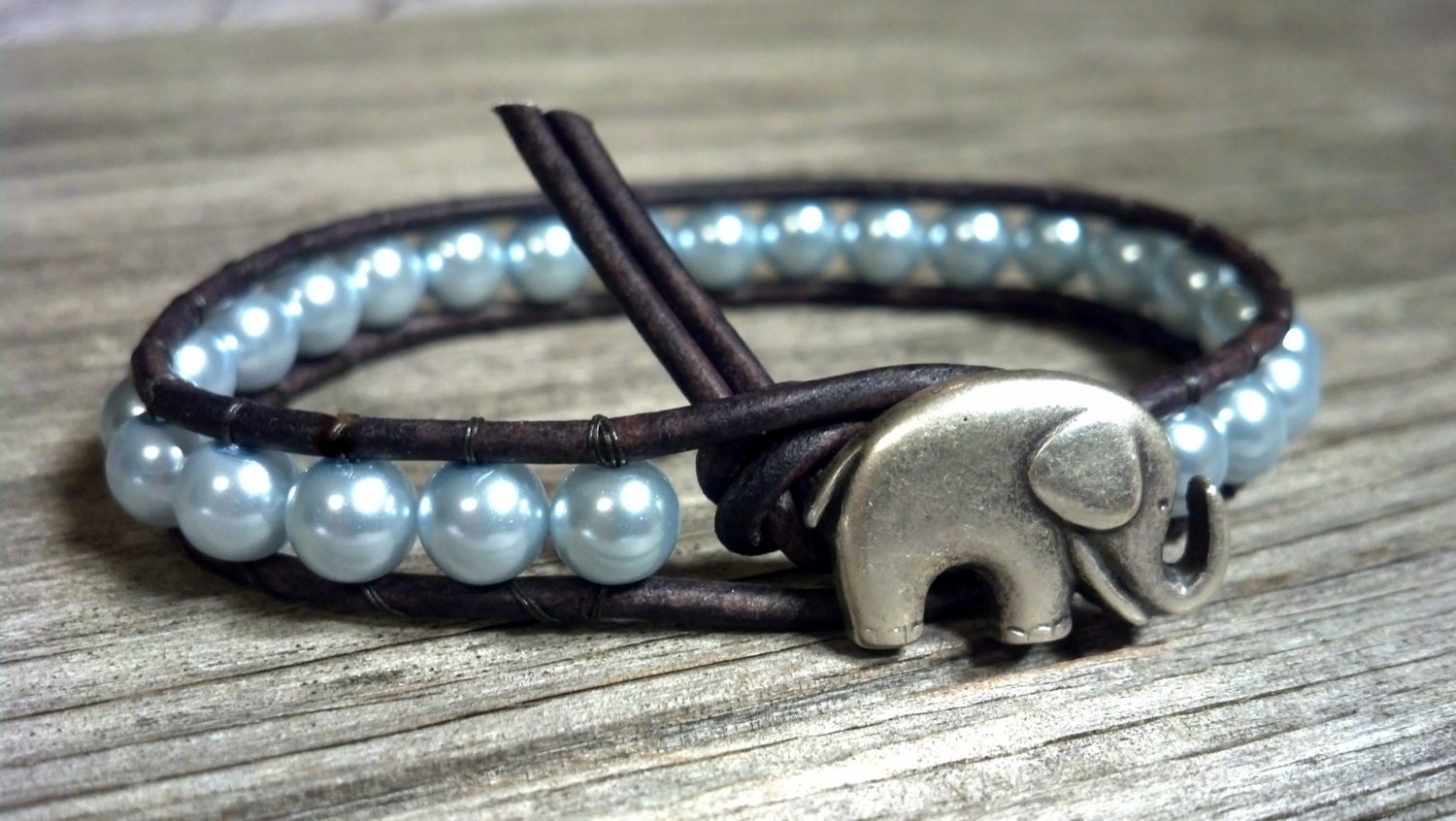 Pearl Leather Wrap Bracelet, Pearl, GOOD LUCK Elephant