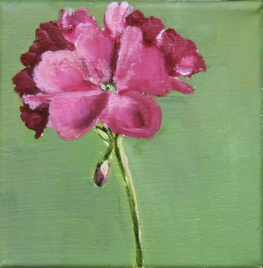 Pink Geranium Flower Still Life Painting Oil on green background, 6x6 inch canvas wall decor