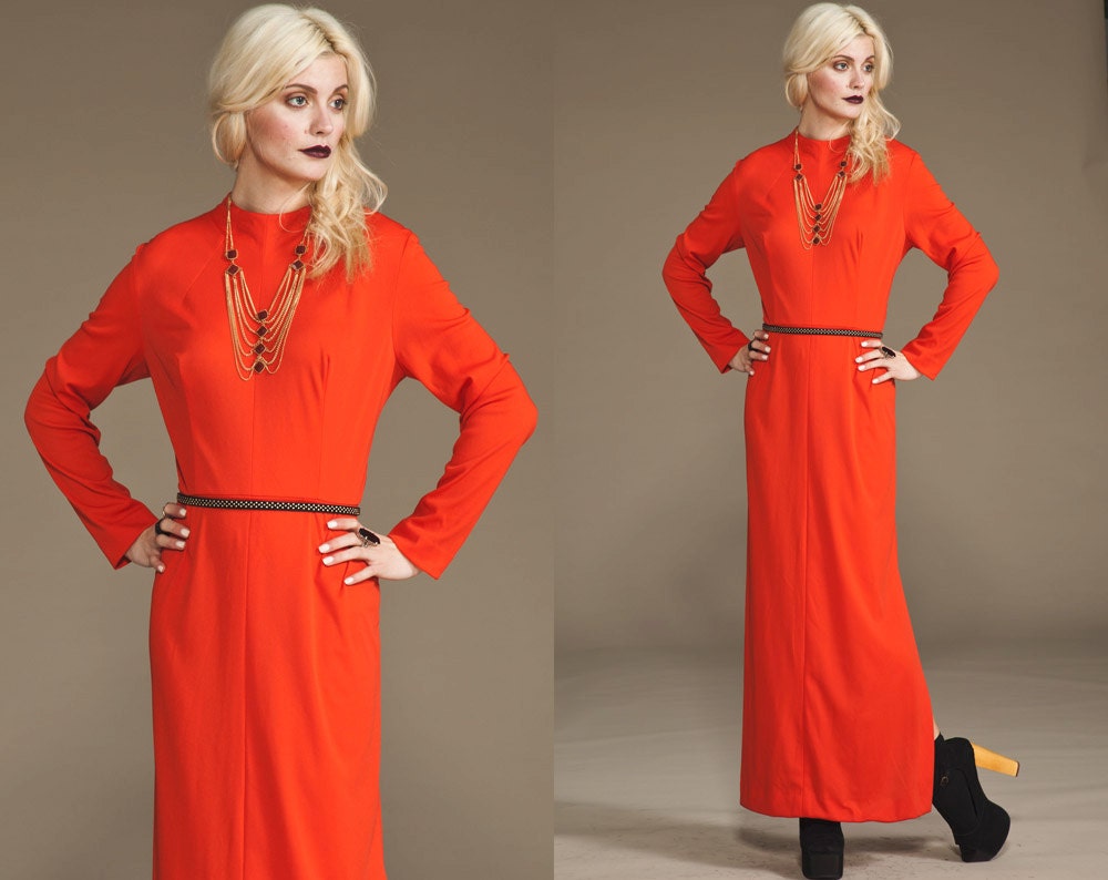 Vintage Valentino Look RED 60s 70s Long Sleeve MAXI Dress // M L // Minimalist //