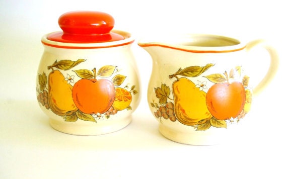 Vintage Milk Jug Sugar Bowl 1970s Retro Fruit  Orange Yellow Olive Cream