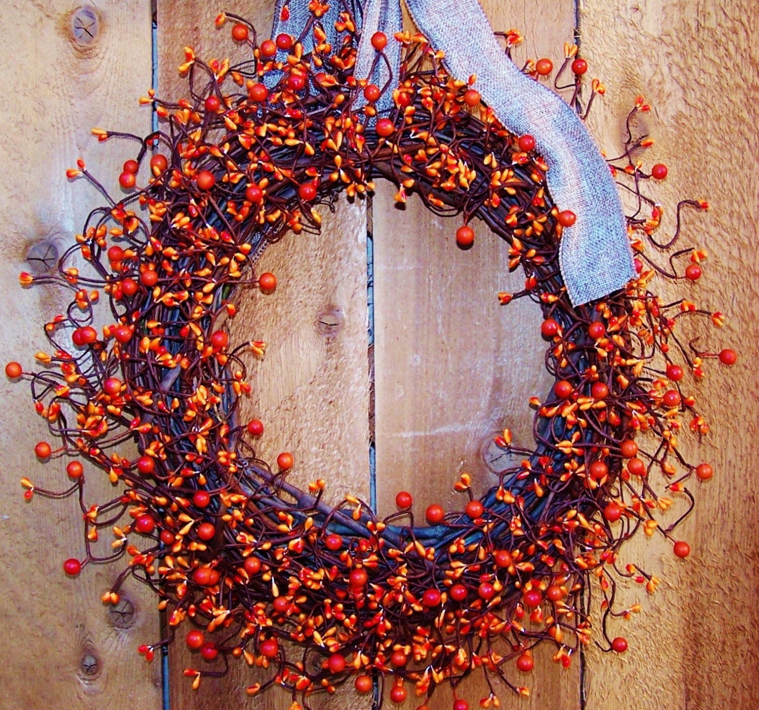 Spring/Summer Wreath-Spring/Summer Door Wreath-BURLAP & PRIMITIVE ORANGE Berry Door Wreath-Front Door Wreath-Rustic Primitives Country Decor