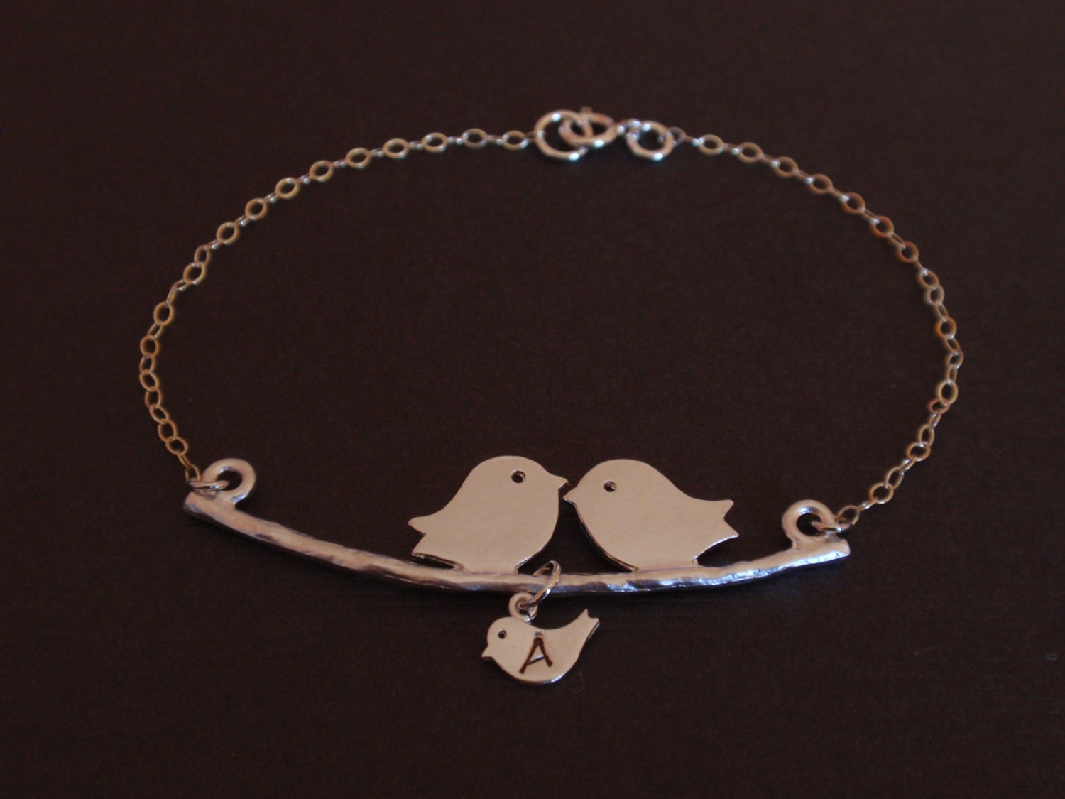 SALE- Personalized Initial Two bird and Baby bird Sterling Silver bracelet, Familly bracelet, Love Bracelet