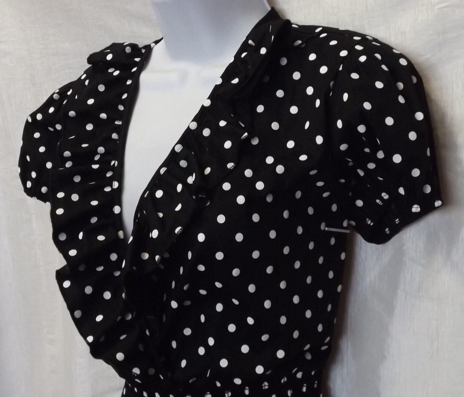 Womens, Ruffled V neck ,Plus Size Dress BLACK Polka Dot Rockabilly, Pin Up, Retro style