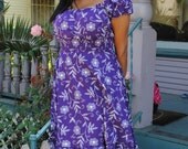 Women's S-M-L Dress,Purple color with White Flowers and Vine Design, Rockabilly, Pin Up  & Retro style