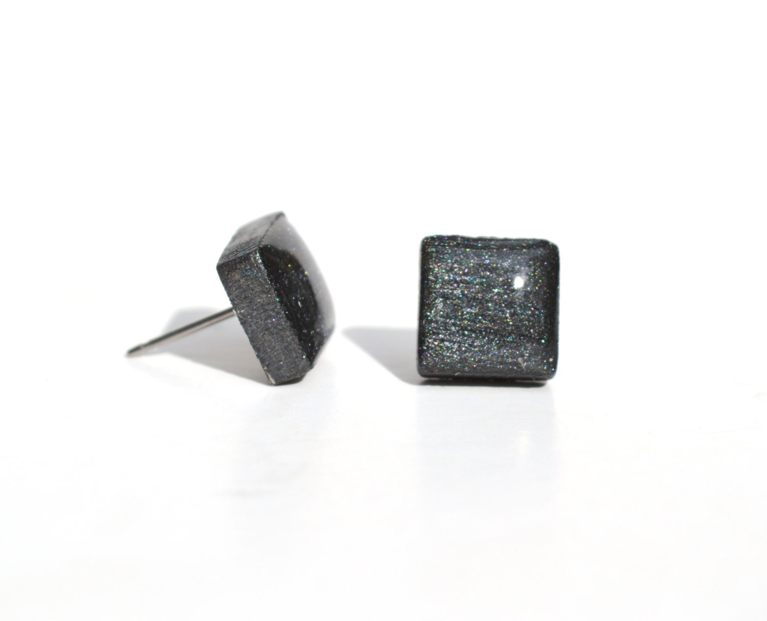 Charcoal grey metallic studs square post earrings geometric jewelry wood earrings minimalist jewelry eco friendly unique gift for her