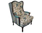 Upholstered Vintage Wingback Chair Blue Green Aqua Flower Floral Fabric Modern Shabby Chic