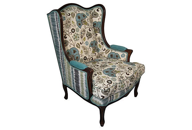 Upholstered Vintage Wingback Chair Blue Green Aqua Flower Floral Fabric Modern Shabby Chic