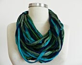Spring and summer Infinity cotton scarf cowl necklace, green turquoise blue cotton yarn, neckwarmer women accessories, chunky loop scarf