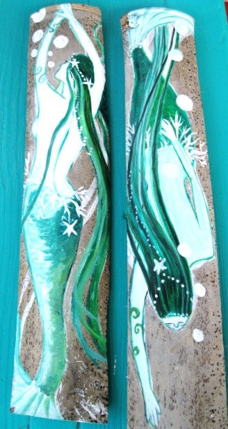 Two Hand Painted  Mermaids on Drift Wood Bamboo- Home Decor-Wall Hanging-Bathroom Decor- Coastal