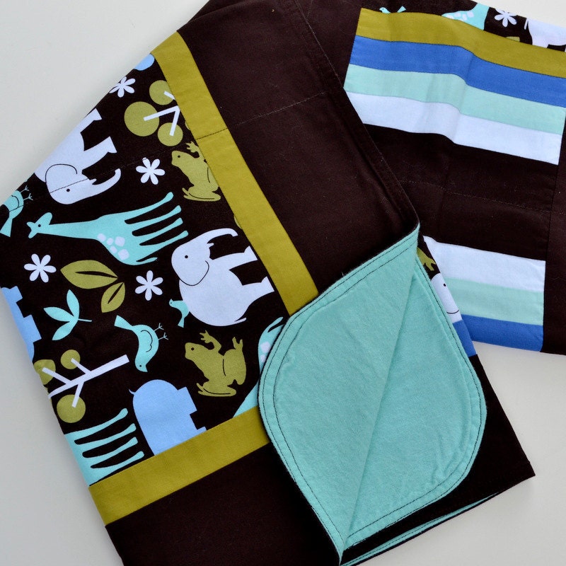 Zoo Baby Quilt, Modern Baby Bedding, Zoo, Brown Blue