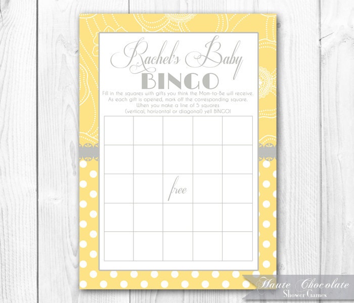 Baby Shower Bingo. Printable Yellow and Gray Bridal Shower or Baby Shower Bingo. Personalization & Custom Colors Included. Il_570xn