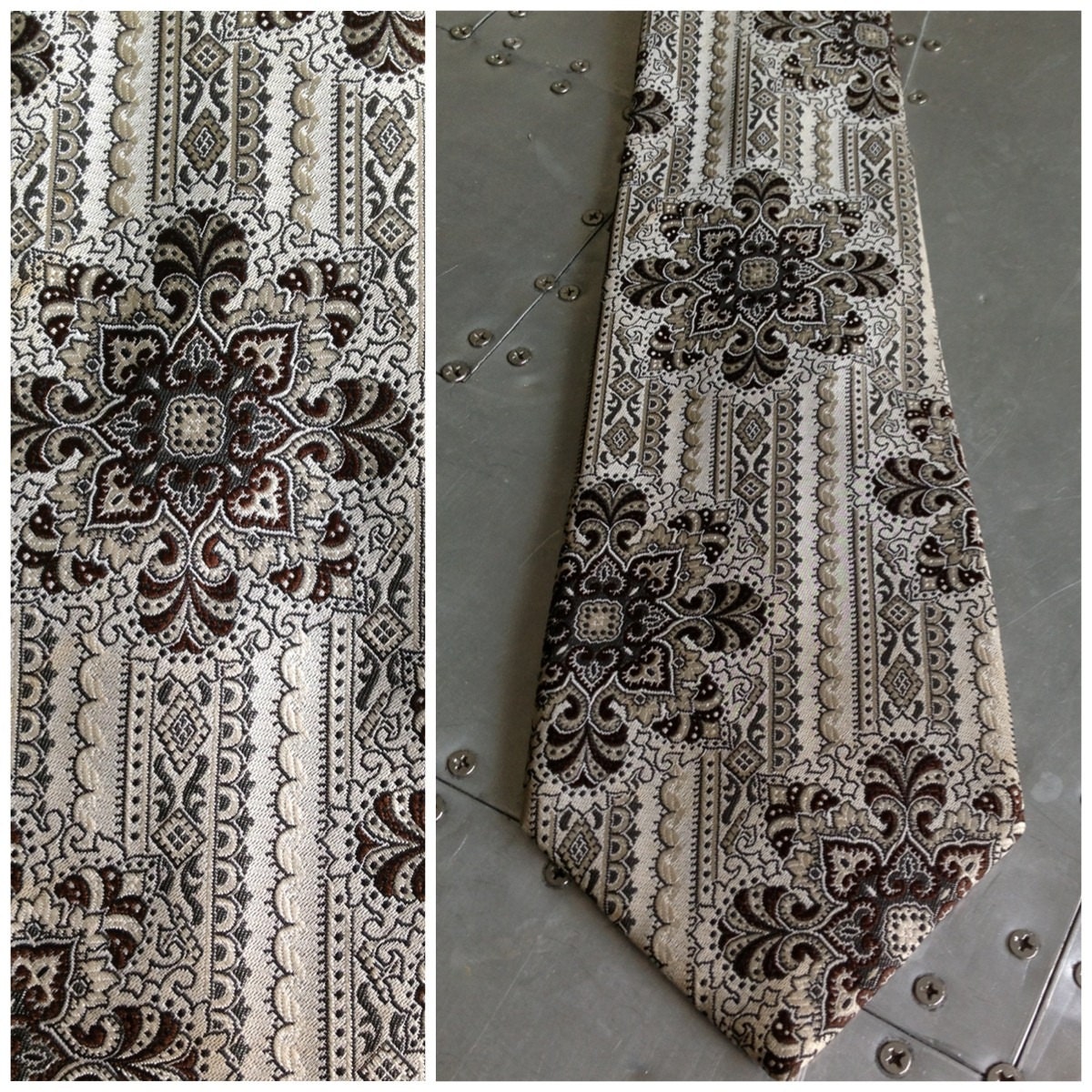 Vintage 70s Mens Wide Tie  - Disco Era - Brown Silver Black & Ivory - Polyester Necktie