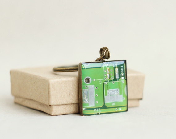 SALE Circuit board geekery keychain Green in bronze - recycled computer g0008 ready to ship