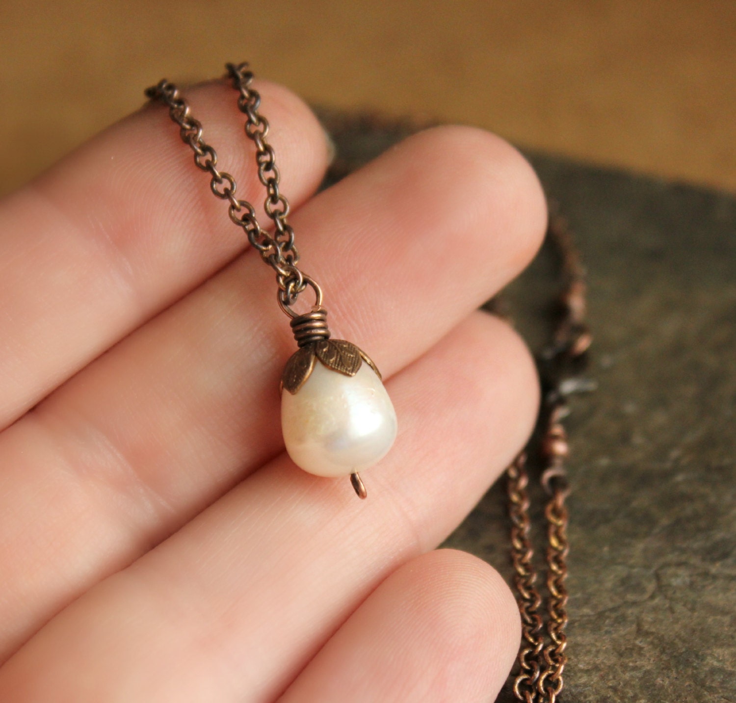 Vintage inspired ivory fresh water pearl pendant antique brass chain bronze copper--"Woodland"