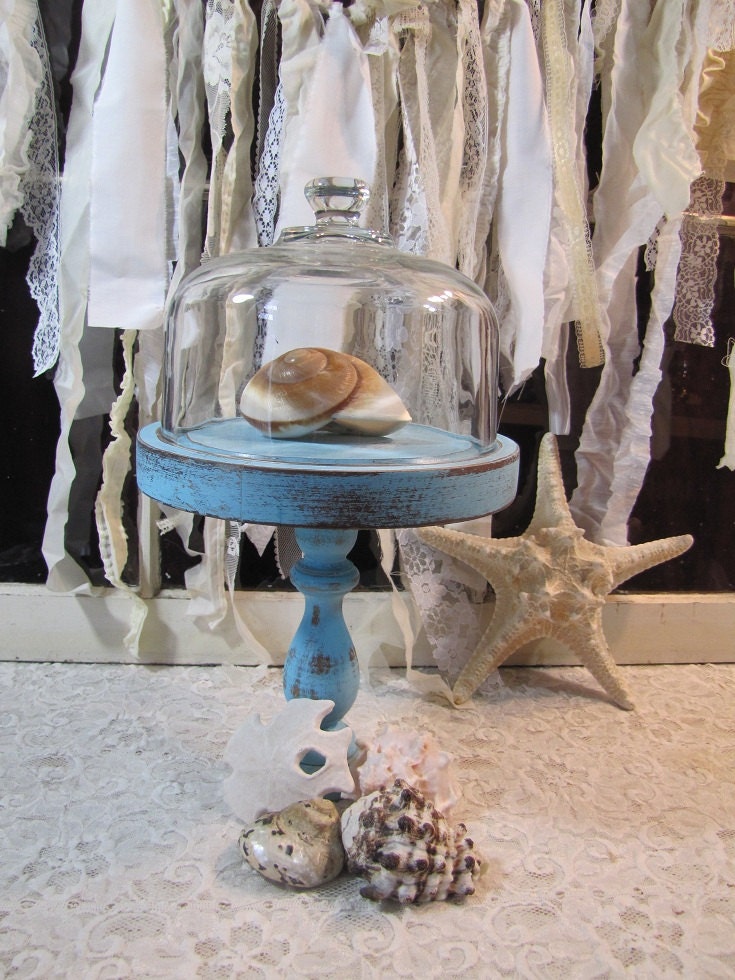 Aqua Shabby Chic Vintage Glass Dome Cloche Coastal Cottage Distressed Farmhouse