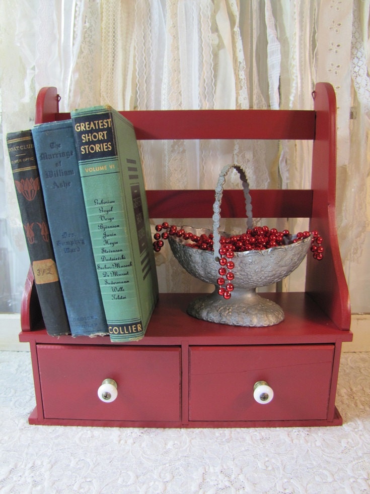French Country Red Book Shelf with Drawers Farmhouse Chic Romantic Prairie