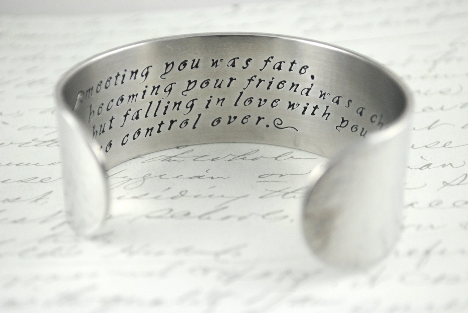 Meeting You Was Fate, Falling In Love with You I Had No Control Over Secret Message Hand Stamped Cuff Bracelet