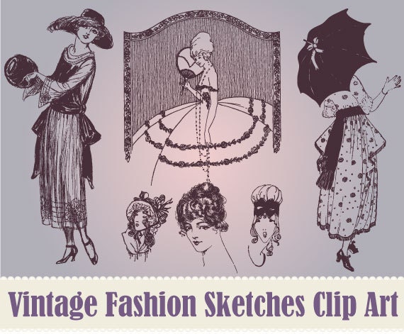 NEW Vintage Women's Fashion Sketches Clip Art Collection - 100% Scalable Vector Art