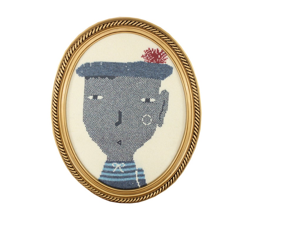 Knitted Portrait of a Sailor - wall hanging in oval frame