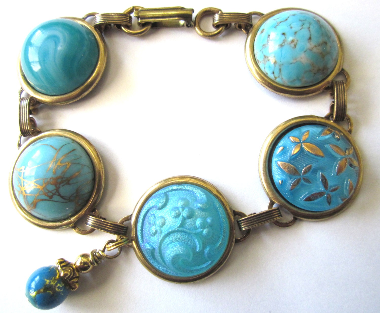 Antique glass button bracelet, turquoise glass buttons, medium buttons. One of a kind