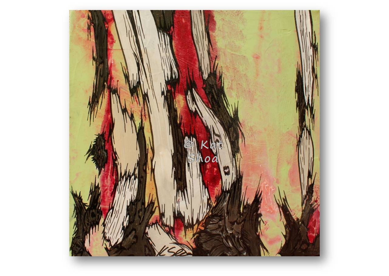 ORIGINAL Painting of Trees - Tree Art 12x12 Available in SET - glossy pink chartreuse mint green oxblood red brown white office art - GIFT
