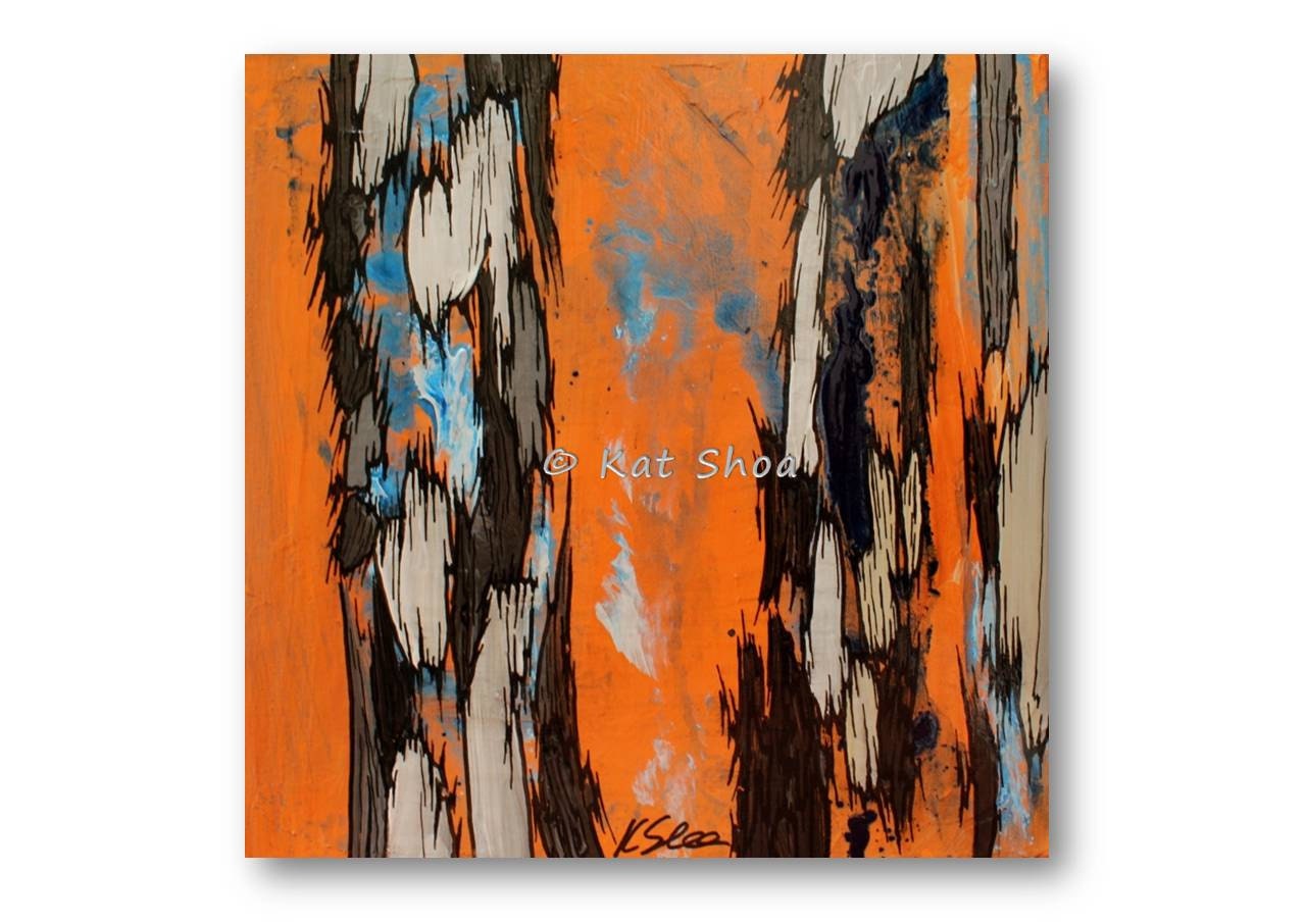 ORIGINAL Painting of Trees - Tree Art - 12x12 - Available in SET - home accent piece glossy orange blue white brown black office art