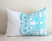 Turquoise Moroccan Linen Pillow Cover Decorative Cushion Throw Lumbar 12x16 Screen Print Hand-Printed Modern Global Gift