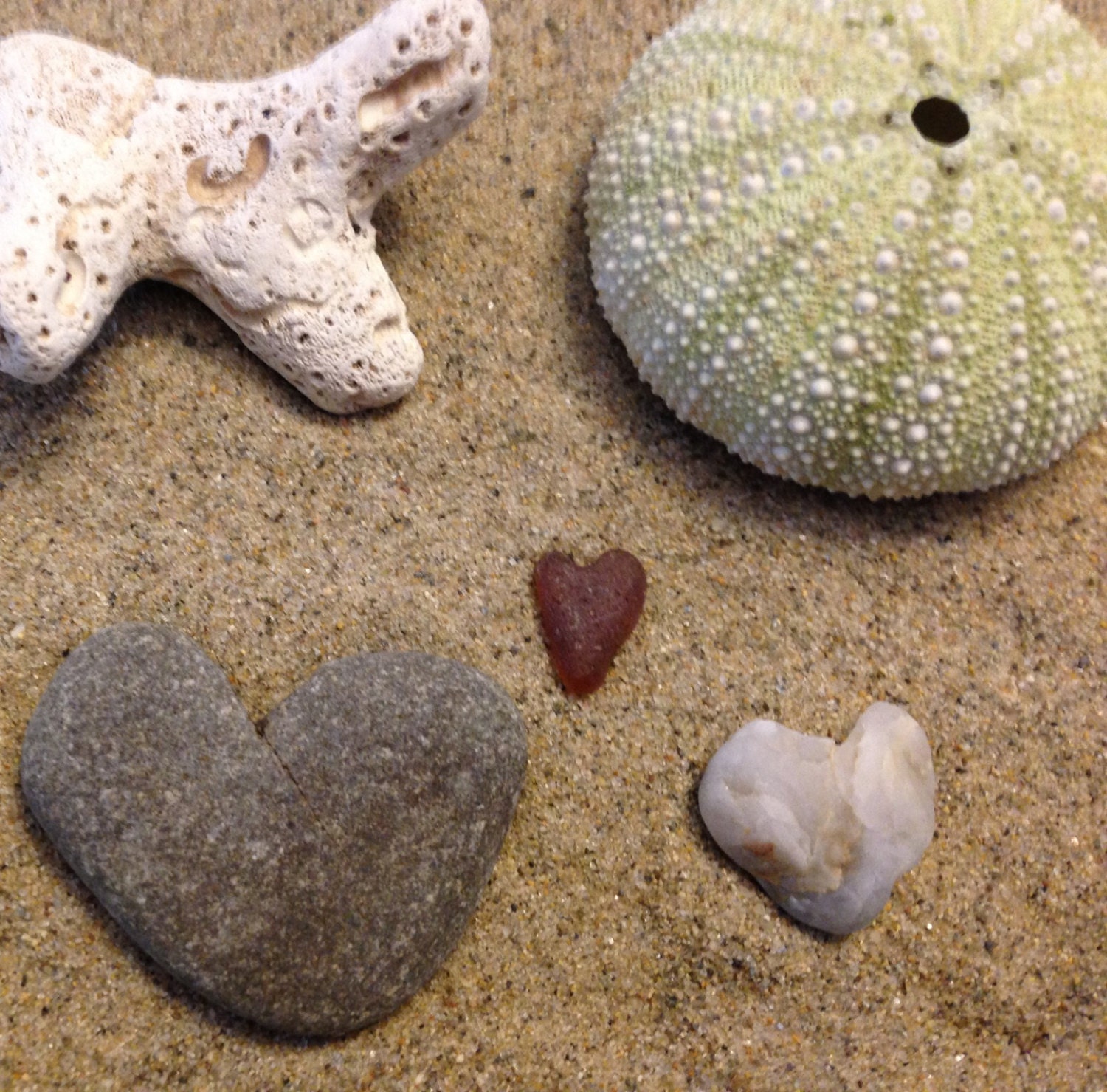 Heart rocks and a sea glass heart - Seasidebyarlene3