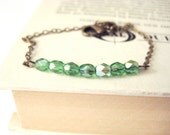 Green Beaded Bracelet - emerald, simple, line, antique brass, small bracelet, single strand, delicate, understated
