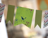vintage children's illustrations,  zig-zag and green stripy pennant garland
