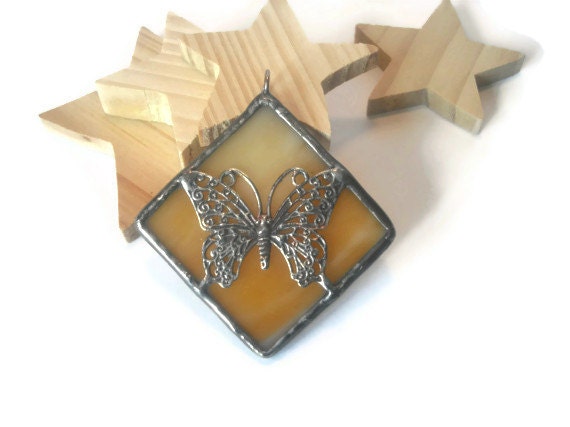 Stained Glass Jewelry Butterfly Pendant Butterscotch Glass Pendant Glass and Metal Handmade Jewelry Necklace