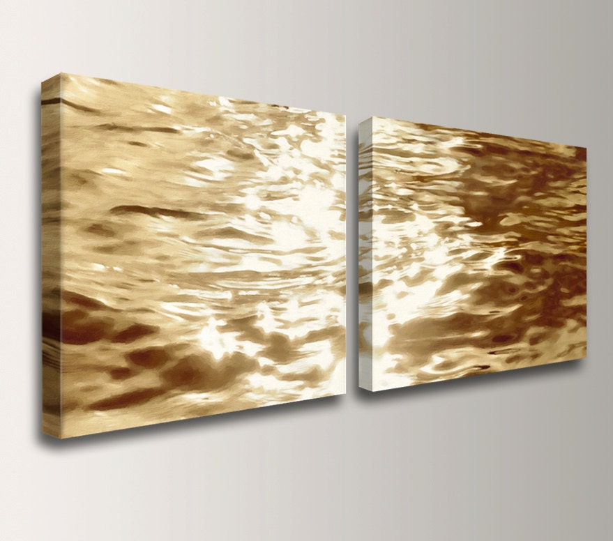 Abstract Painting - Water Art Decor - Canvas Print - Gold Water Reflections - Wall Decor Set  - 24x24 Diptych - "Goldwater"