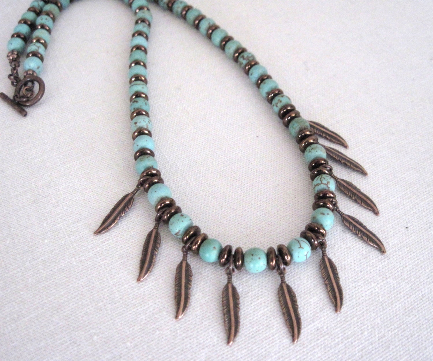 Magnesite Turquoise Blue/Green Stone Necklace with Antique Copper Feathers and Bronze Glass Beads-Southwest Inspired- Meditation Stone