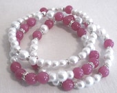 Trio of White Pearl and  Pink Quartz Stretch Bracelets-Multi Stretch Bracelets with Rhinestones-Bridal-Glamor-Party-Chic-Woman-Teen