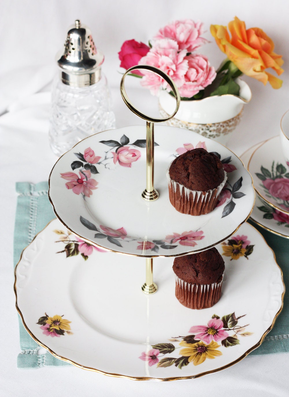 Pretty 2 tier cake stand / dessert display: a great tiered cake pedestal for your tea party  made from Argyle and Gladstone "Romance" china