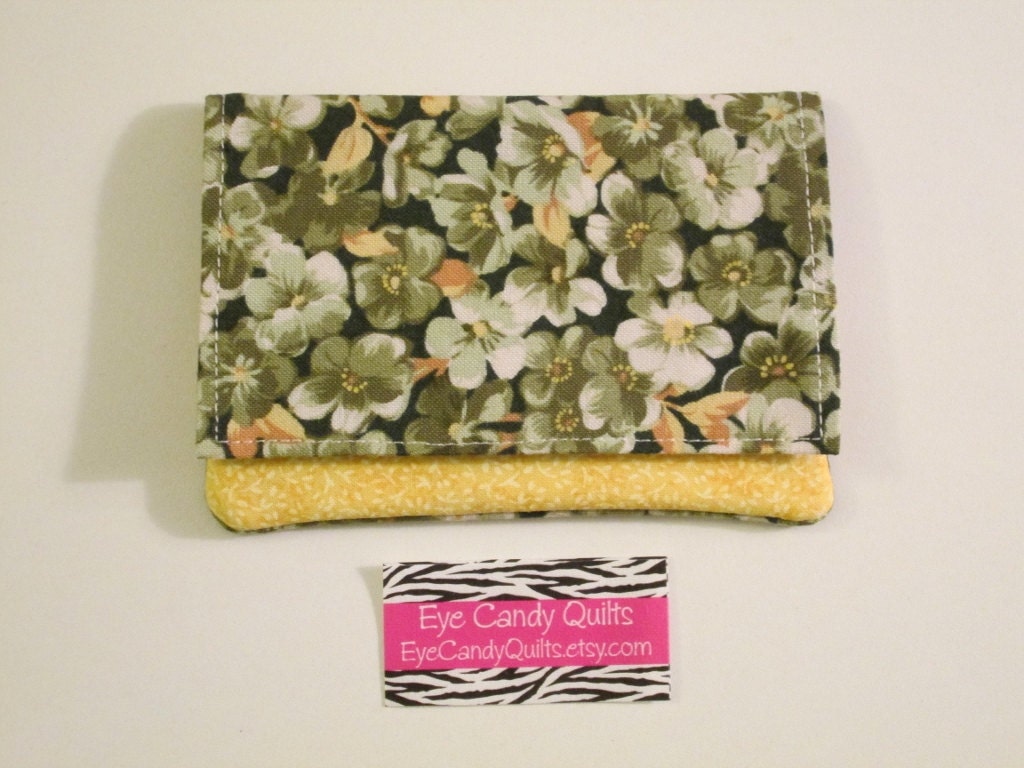 Floral Wallet, Women's Wallet, Card Holder, Change Purse, Green Floral, Yellow, Cotton Fabric Wallet