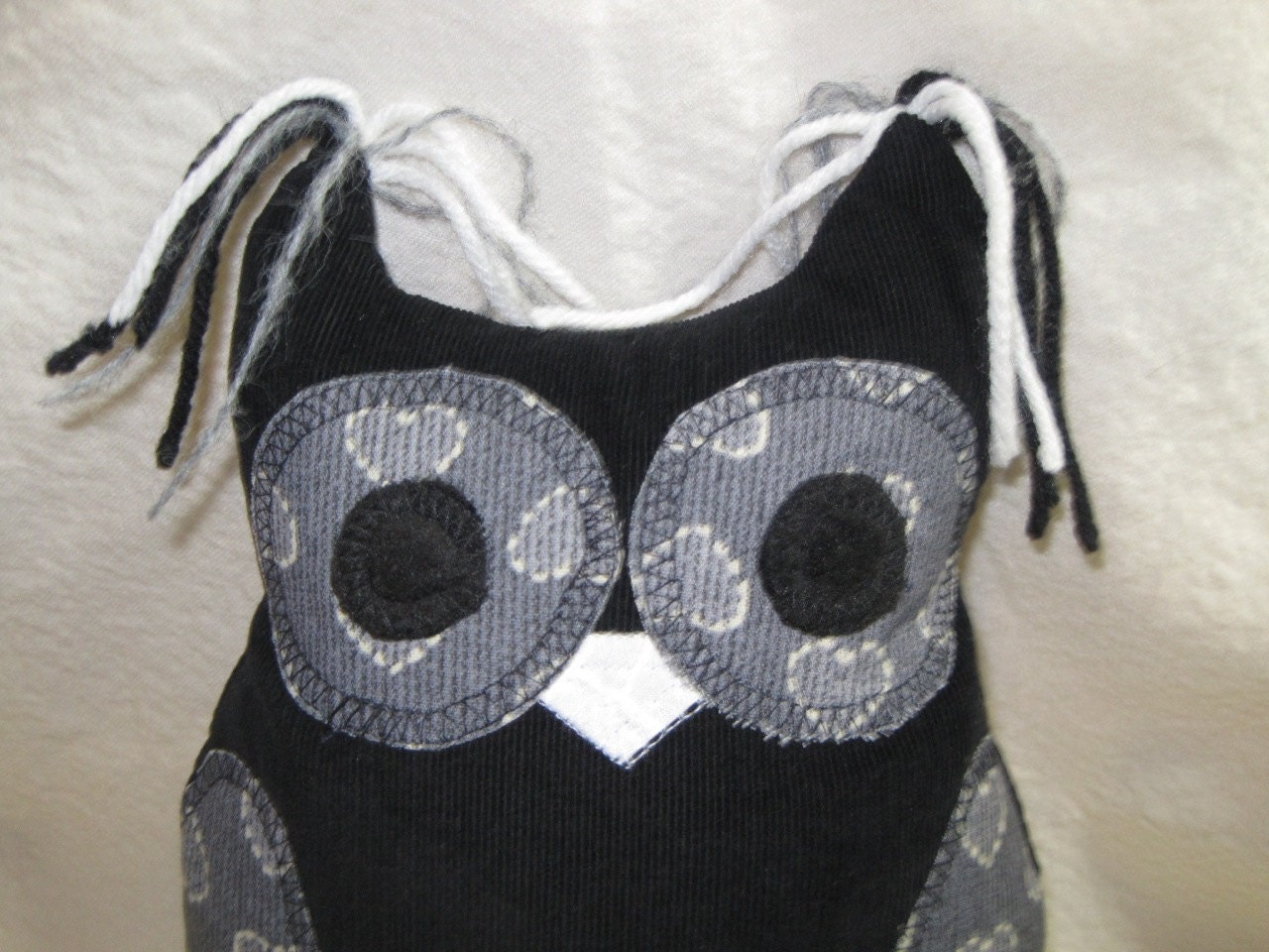 Valentine Black Corduroy Stuffed Plush Owl with Gray Heart Pattern Wings