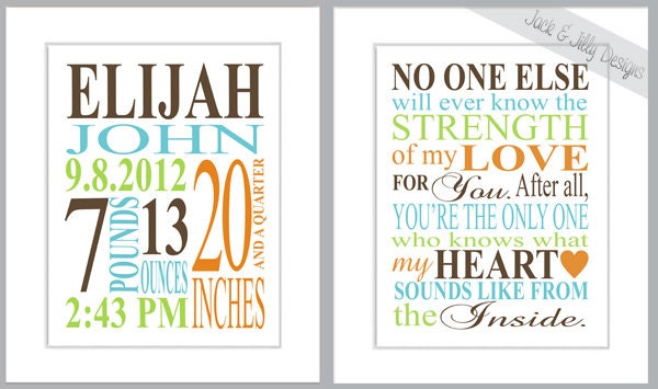MATCHING NURSERY ART - Birth Stat and Strength of my Love Print - You Choose the Custom Colours - No one Else will ever know poem