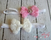 Newborn Baby Petite Headband Set. Gift. Photo Prop Pink and White with Rhinestones Preemie