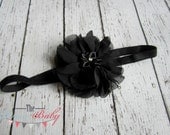 Black Chiffon Flower Headband -  Satin & Rhinestone- Newborn Infant Baby Toddler Girls Adult  Vintage Style