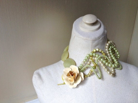 Flower Rose Brooch Wedding Pearl Necklace in Lime, Green, Butter & Cream featuring Statement Jewelry by ZILLAS QUEEN