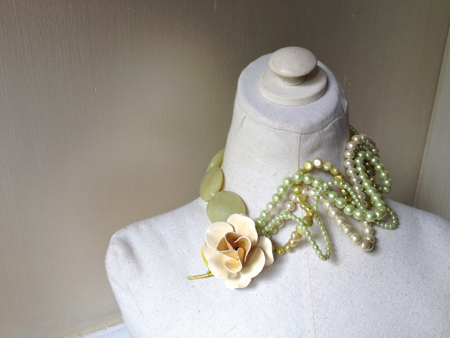 Flower Rose Brooch Wedding Pearl Necklace in Lime, Green, Butter & Cream featuring Statement Jewelry by ZILLAS QUEEN