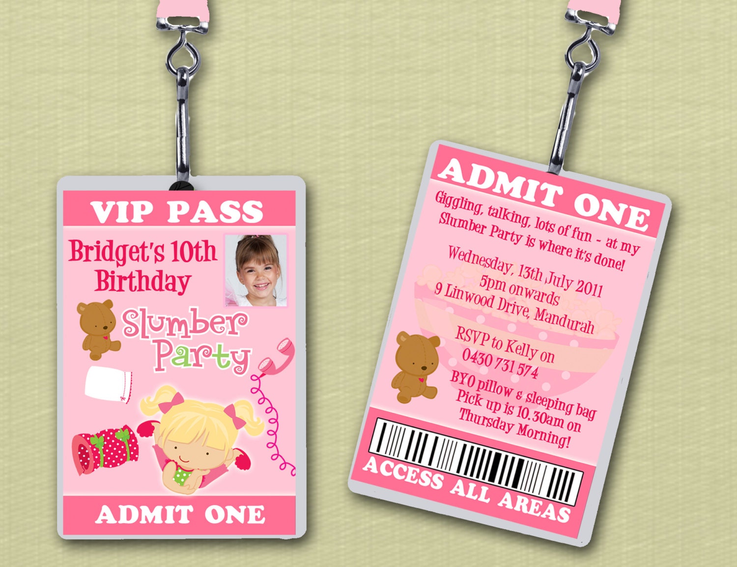 Photo Personalised Slumber Party VIP Lanyard Invitations x 10 Il_570xn