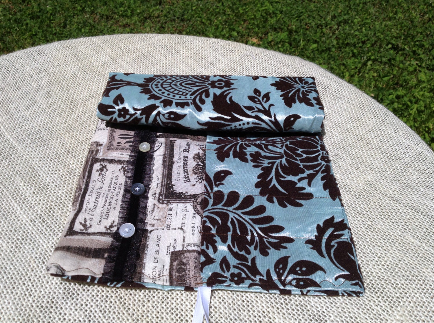 Travel Jewelry Organizer in Blue and Brown Damask