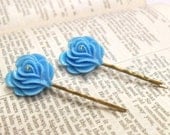 Dusk Blue Flower Hair Clips with Aqua Rhinestone