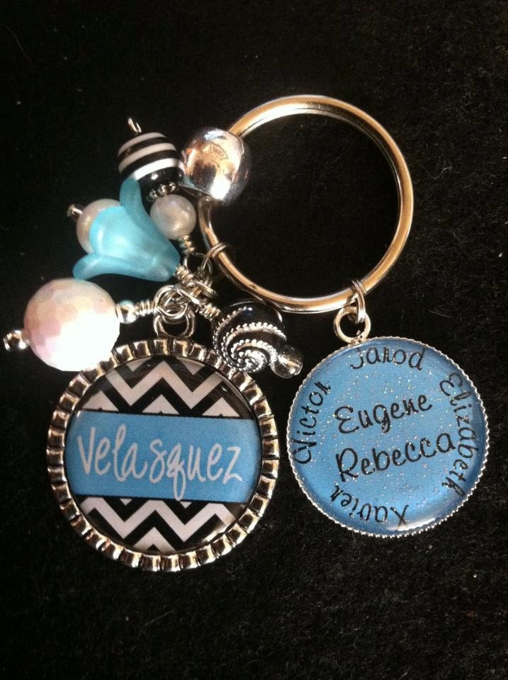 Personalized Beaded Double Bezel Pendant Keychain in Black and Turquoise Chevron