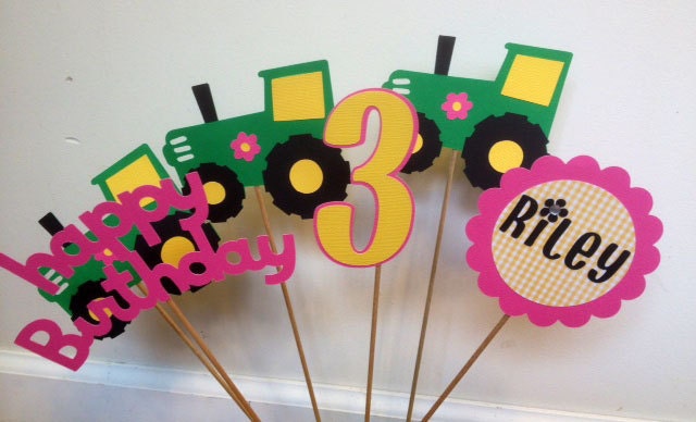 6 Piece Girly Pink, Green and Yellow Tractor Centerpiece Pick Set, John Deere inspired birthday, girl tractor birthday